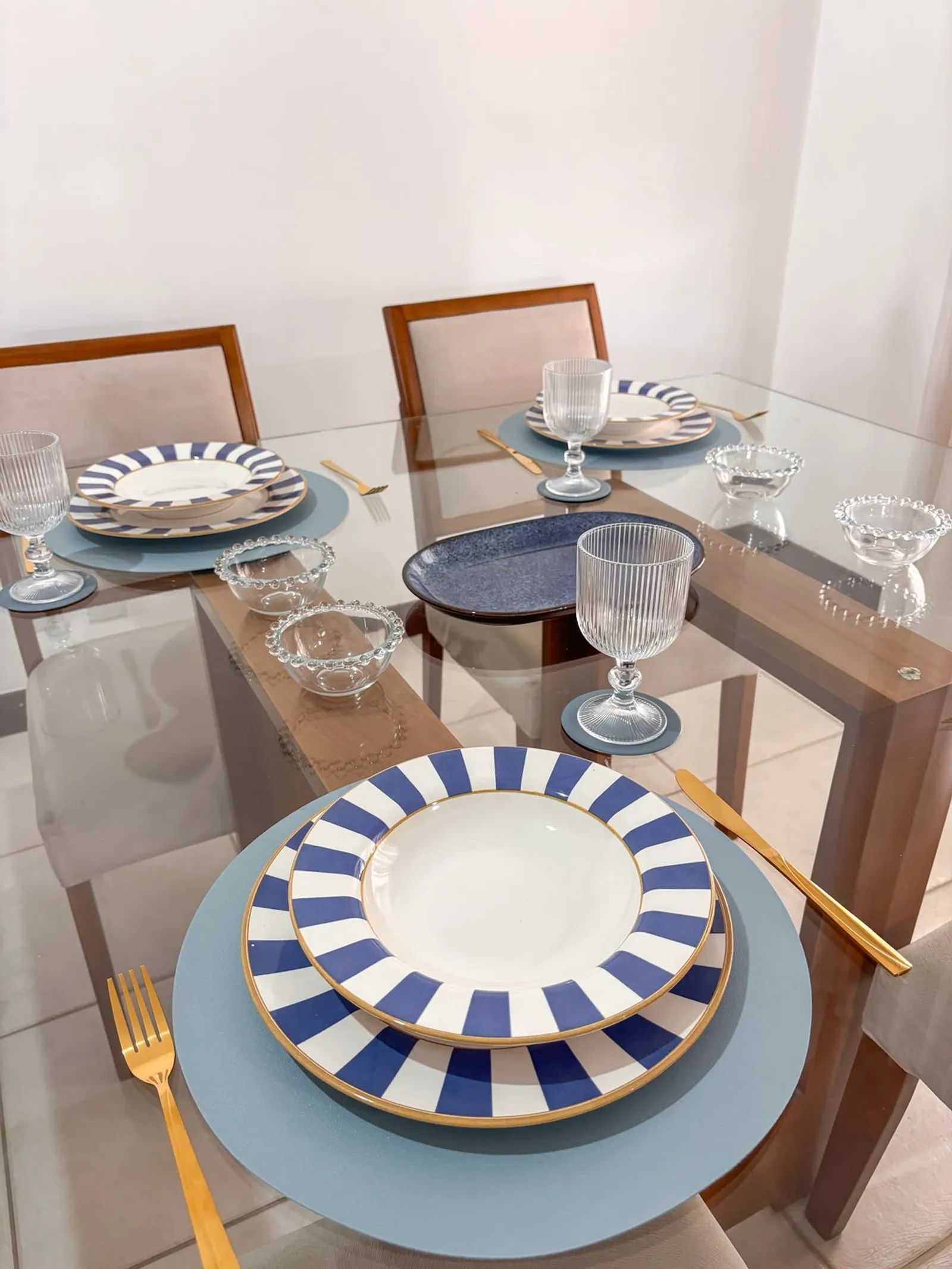 JOGO DE PRATOS 6 PCS FUNDO EM CERÂMICA - ESTAMPA STRIP AZUL — imagem 4 de 4